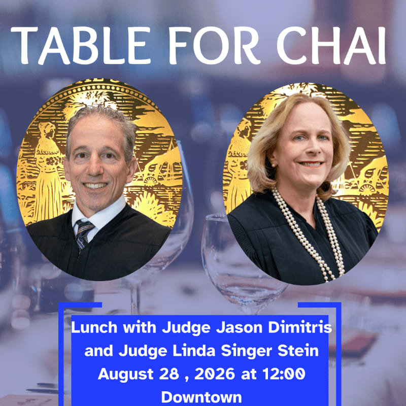 Two judges are featured in oval portraits against a blurred background of a formal dining setting, with event details displayed in a blue box at the bottom.