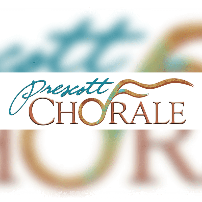 A logo for "Prescott Chorale" with blurred teal and orange abstract shapes in the background.