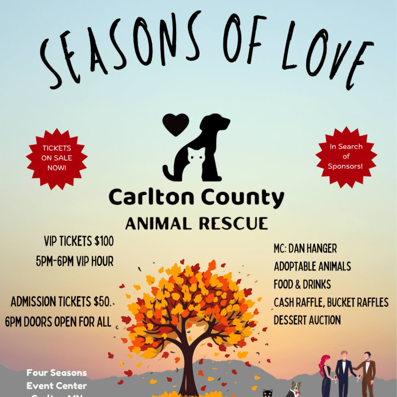 A fall-themed poster for "Seasons of Love" by Carlton County Animal Rescue features a silhouette of a dog and cat against a backdrop of autumn leaves and a couple dressed for an event.