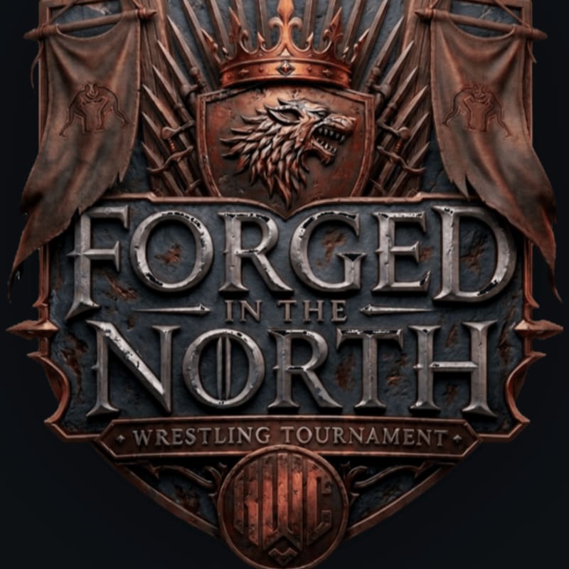 A weathered, metallic crest with a wolf's head and crown sits above bold text reading "FORGED IN THE NORTH" and "WRESTLING TOURNAMENT," set against a dark, textured background.