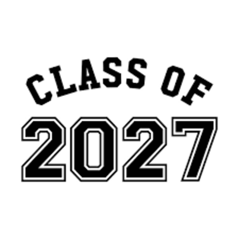 Black text on a white background reads "CLASS OF" above the year "2027" in a collegiate font.