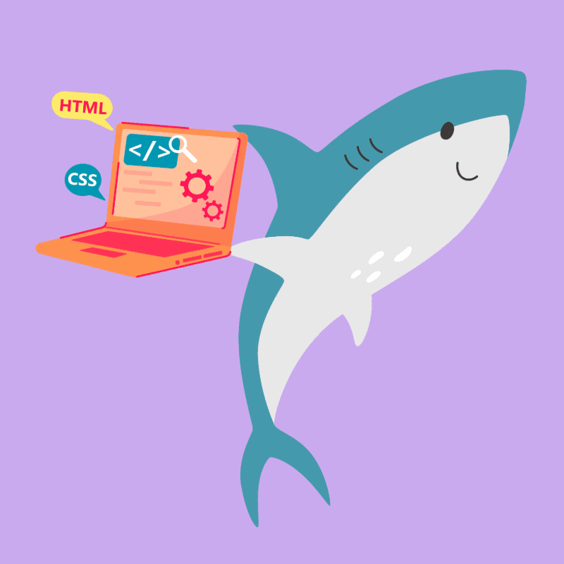 A cartoon shark swims with a laptop displaying code, with HTML and CSS labels floating nearby against a purple background.