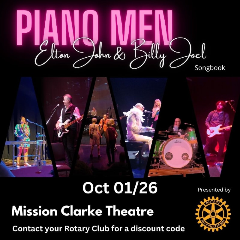 A collage of musicians performing on stage is presented against a dark background with neon pink text advertising "PIANO MEN Elton John & Billy Joel Songbook" and event details.