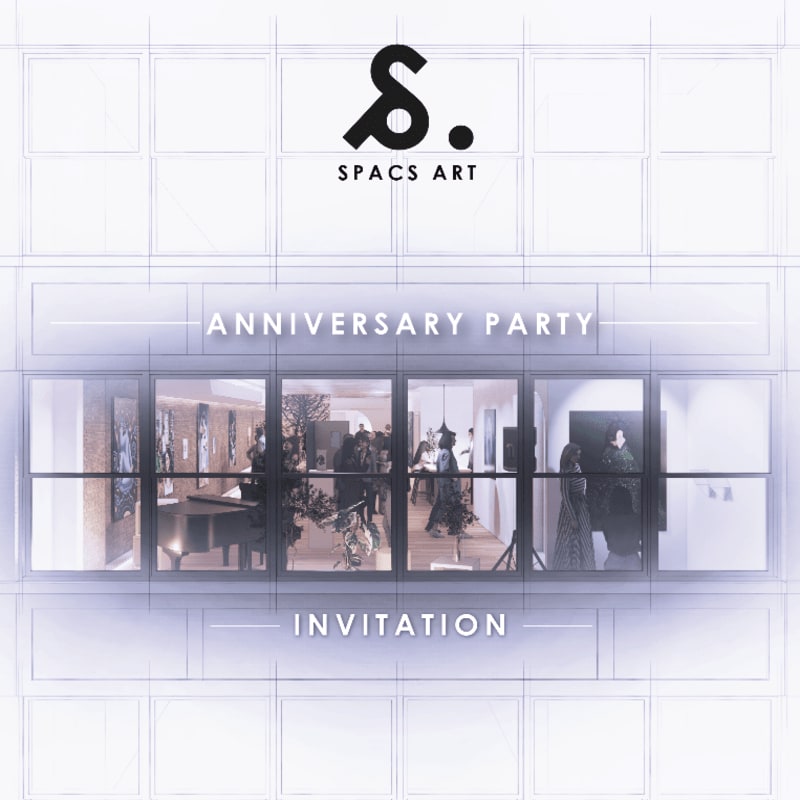 A stylized logo for "SPACS ART" hovers above a blurred view of an anniversary party invitation with people mingling in the background.