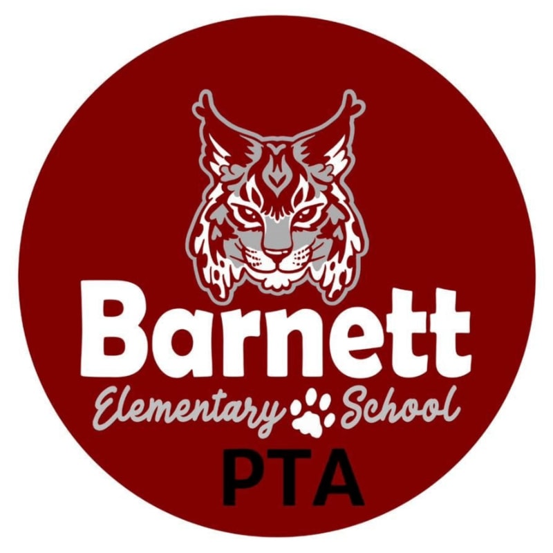 A stylized bobcat head with "Barnett Elementary School PTA" written below it is centered on a dark red circular background.