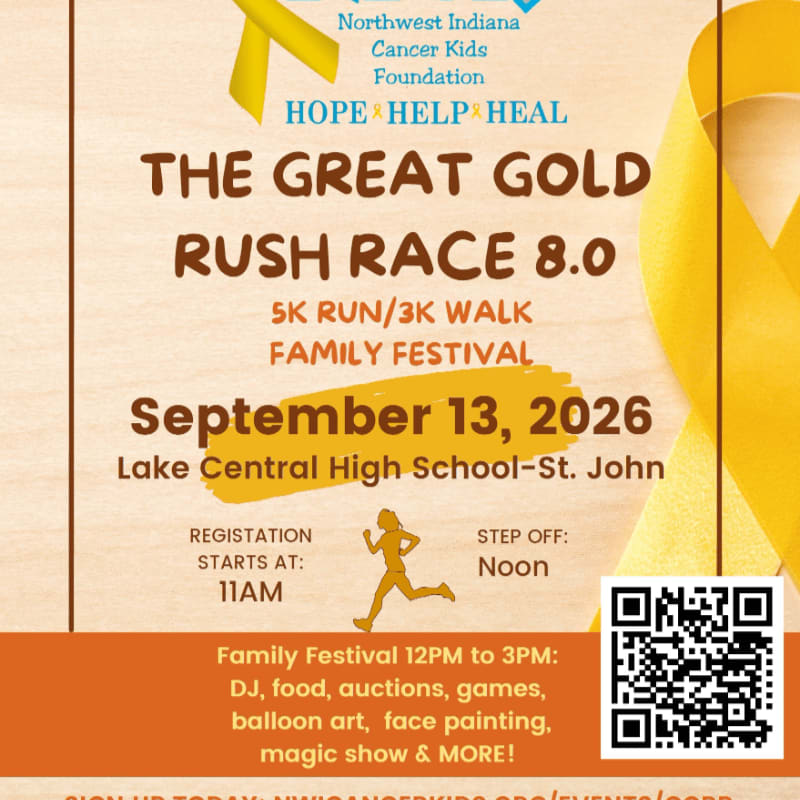 A yellow ribbon and event details for "The Great Gold Rush Race 8.0" are displayed on a light brown background.