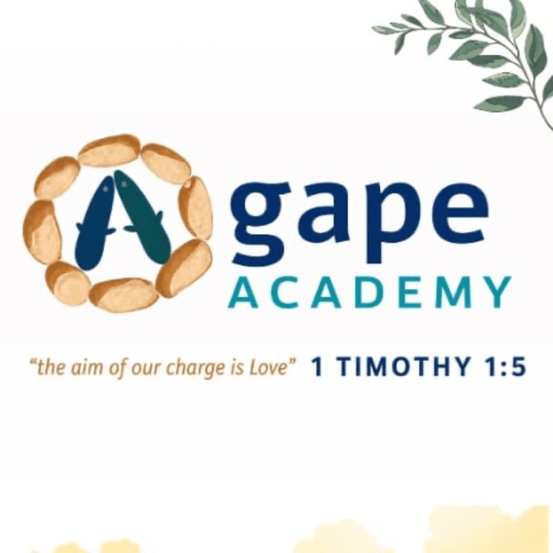A logo for Agape Academy, featuring a circular arrangement of bread slices around an "A" with two fish, is set against a white background with a sprig of greenery in the upper right corner.