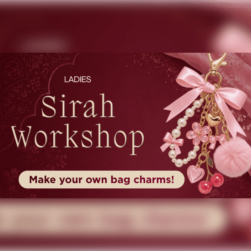 A pink bag charm with pearls, cherries, and a fluffy pom-pom hangs in the foreground against a dark red background with text advertising a "Ladies Sirah Workshop" and "Make your own bag charms!".