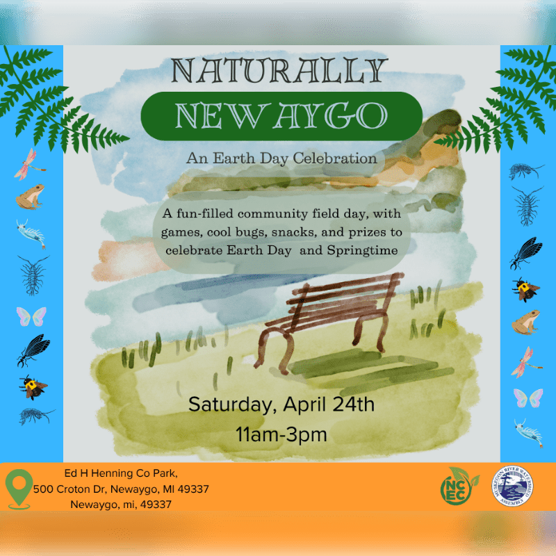A watercolor illustration of a park bench in a grassy field with a nature-themed Earth Day celebration announcement in the background, framed by ferns and various insects.