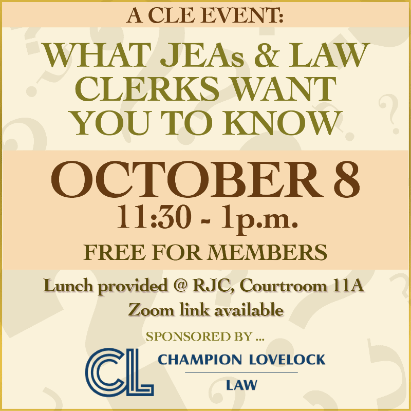 A beige background with faint question marks frames text announcing a CLE event on October 8th, sponsored by Champion Lovelock Law.