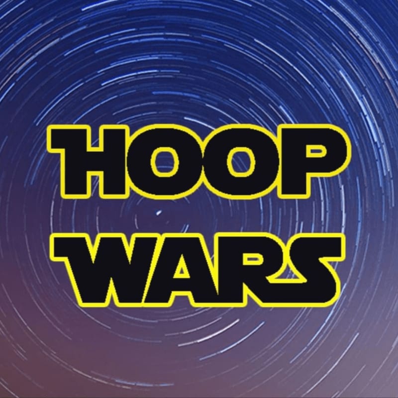Yellow text reading "HOOP WARS" is superimposed over a swirling, star-filled night sky.