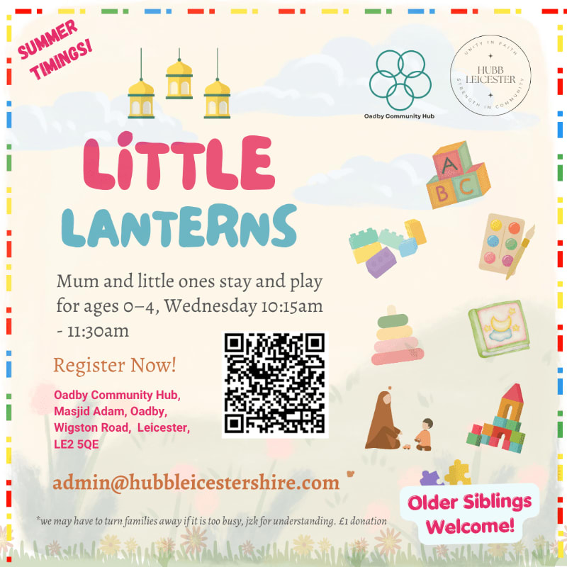 A colorful flyer advertises "Little Lanterns" playgroup for ages 0-4, featuring cartoon lanterns and toys in the background and event details in the foreground.