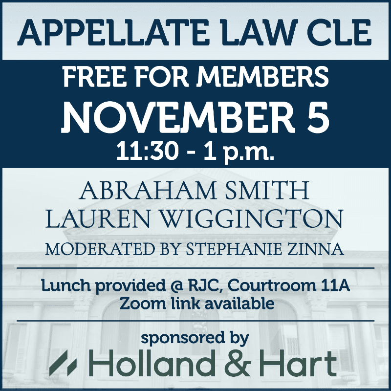 A dark blue banner at the top announces "APPELLATE LAW CLE FREE FOR MEMBERS NOVEMBER 5 11:30 - 1 p.m." below which is a lighter section listing speakers and event details, all superimposed over a faint image of a building.