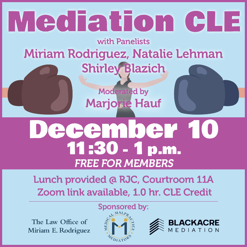 A purple banner advertises a Mediation CLE event on December 10th, featuring boxing gloves in the foreground and sponsor logos at the bottom.