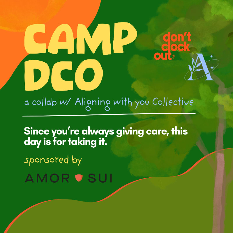 Brightly colored abstract shapes and text promoting "CAMP DCO" are set against a stylized green forest background.