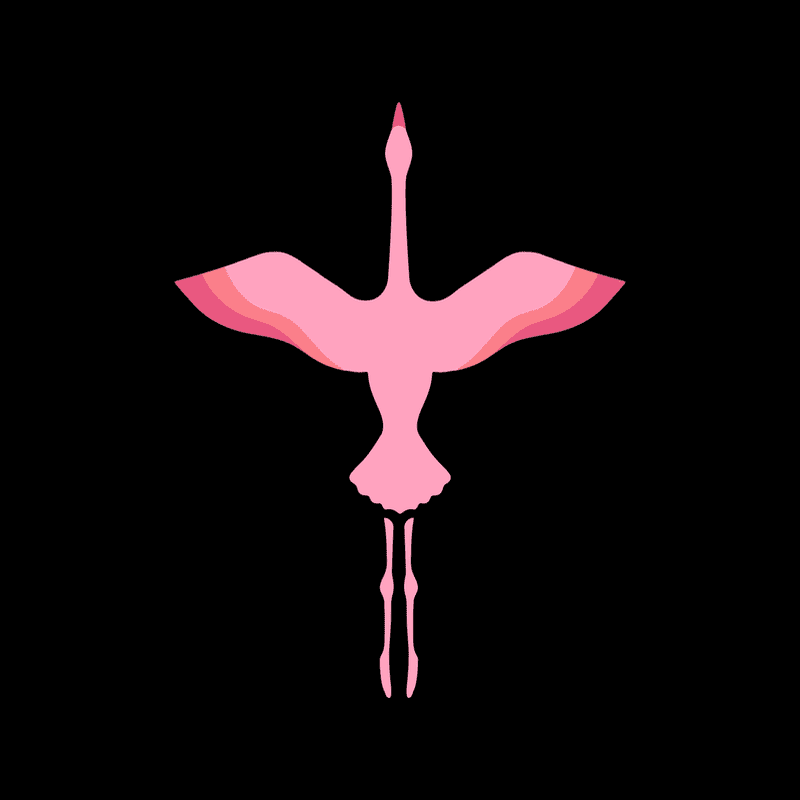 A stylized pink flamingo with outstretched wings is centered against a stark black background.