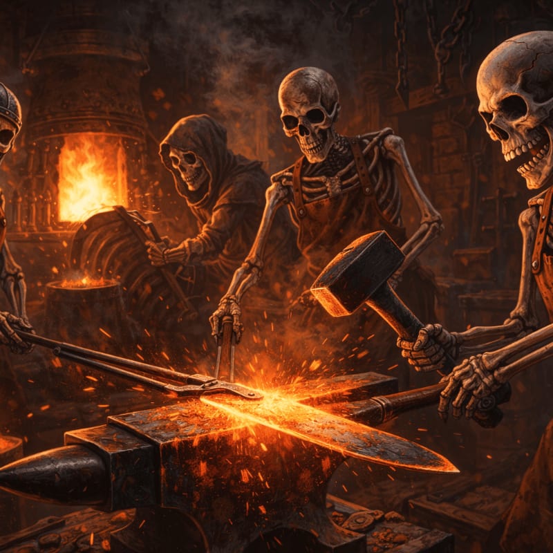 Skeletons forge a glowing blade on an anvil in a fiery smithy.