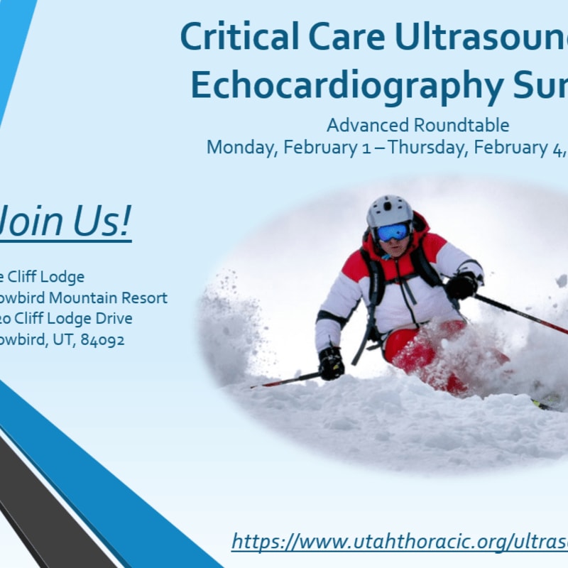 A skier in red and white is captured mid-air against a snowy mountain backdrop, with event details for a Critical Care Ultrasound Echocardiography Symposium on the left.