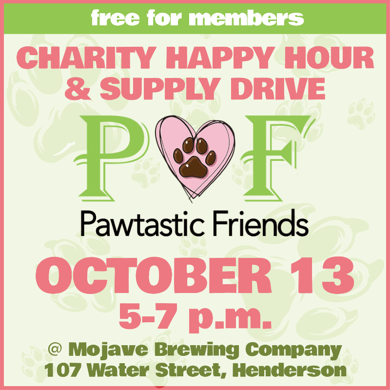A pink and green flyer advertises a "Charity Happy Hour & Supply Drive" for "Pawtastic Friends" on October 13th from 5-7 p.m. at Mojave Brewing Company, with a light green background featuring paw print patterns.