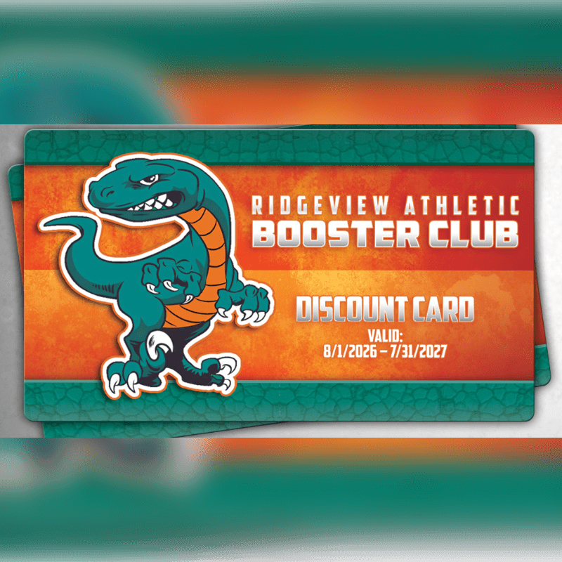 A teal dinosaur with sharp claws is featured on a discount card for the Ridgeview Athletic Booster Club, set against an orange and teal background.