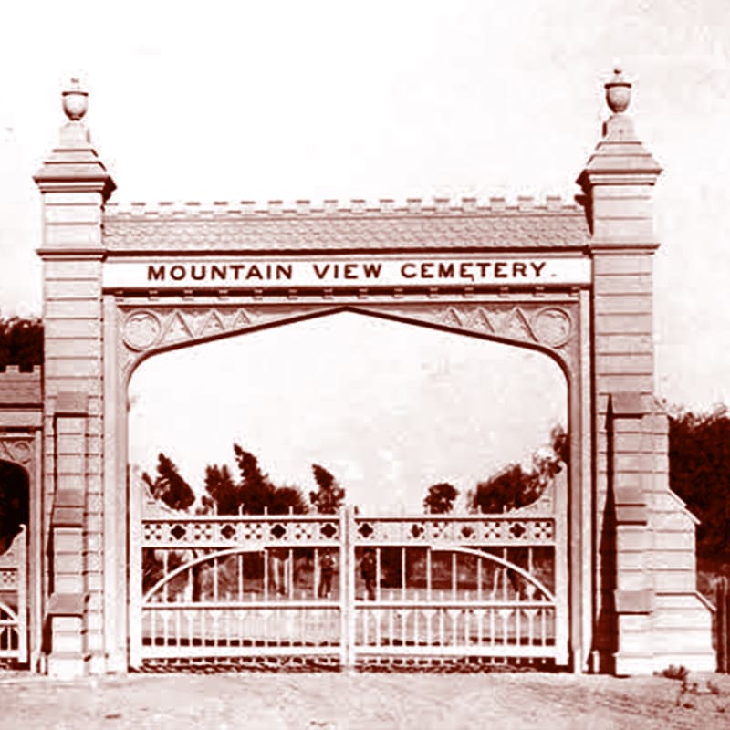 A grand stone gateway with ornate metal gates, labeled "MOUNTAIN VIEW CEMETERY," stands before a hazy, tree-filled background.