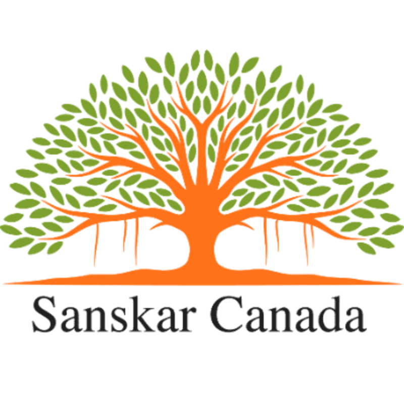 An orange banyan tree with green leaves and aerial roots stands above the text "Sanskar Canada" on a white background.