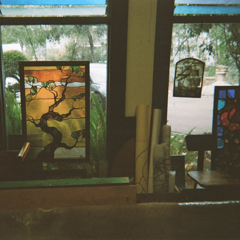 A stained glass panel of a tree in the foreground is viewed through a window, with a blurry outdoor scene of trees and a street in the background.