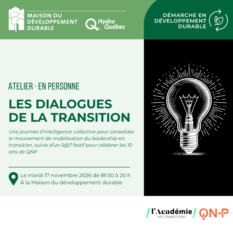 A lightbulb with radiating lines is in the background, while the foreground displays text about an in-person workshop titled "Les Dialogues de la Transition" at the Maison du développement durable.