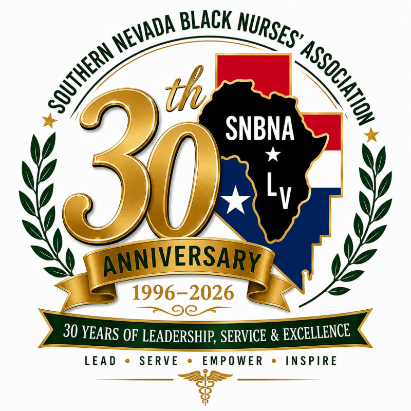 A golden "30" and "ANNIVERSARY" banner are prominent in the foreground, set against a background featuring a map of Africa superimposed on the Nevada state flag, all within a laurel wreath and text celebrating the Southern Nevada Black Nurses' Association's 30th anniversary.