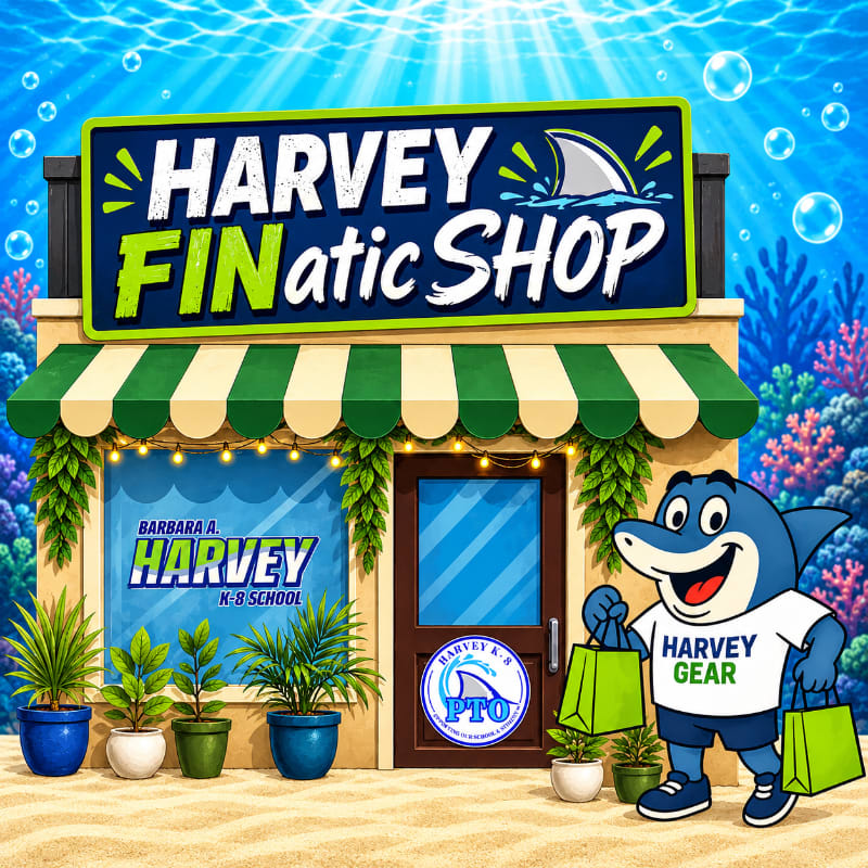 A cartoon shark in a t-shirt stands outside a shop called "Harvey Finatic Shop" with potted plants on the sand, while a coral reef and bubbles fill the underwater background.
