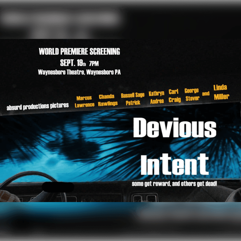 A movie poster for "Devious Intent" features a car interior in the foreground and palm fronds against a blue sky in the background, with screening details and cast names listed above.