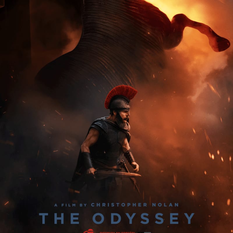 A warrior in armor stands in the foreground against a fiery, smoky background with a colossal, shadowy figure looming above.