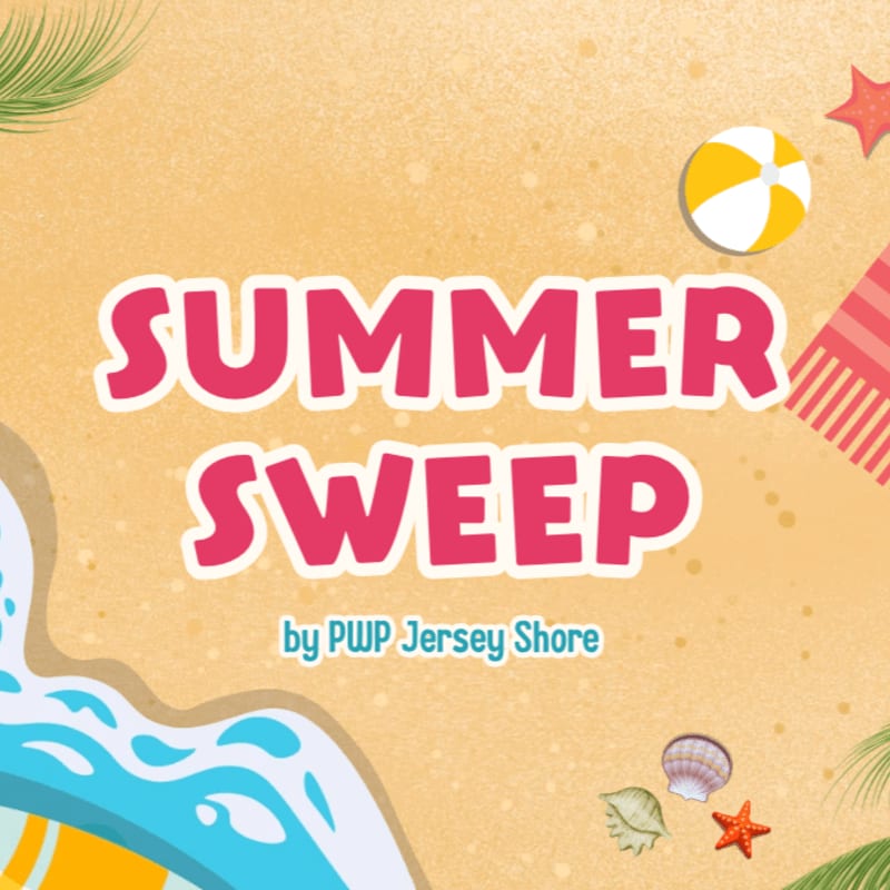 A sandy beach with waves and seashells in the foreground is decorated with a beach ball, starfish, and towel in the background, all under the text "SUMMER SWEEP by PWP Jersey Shore."