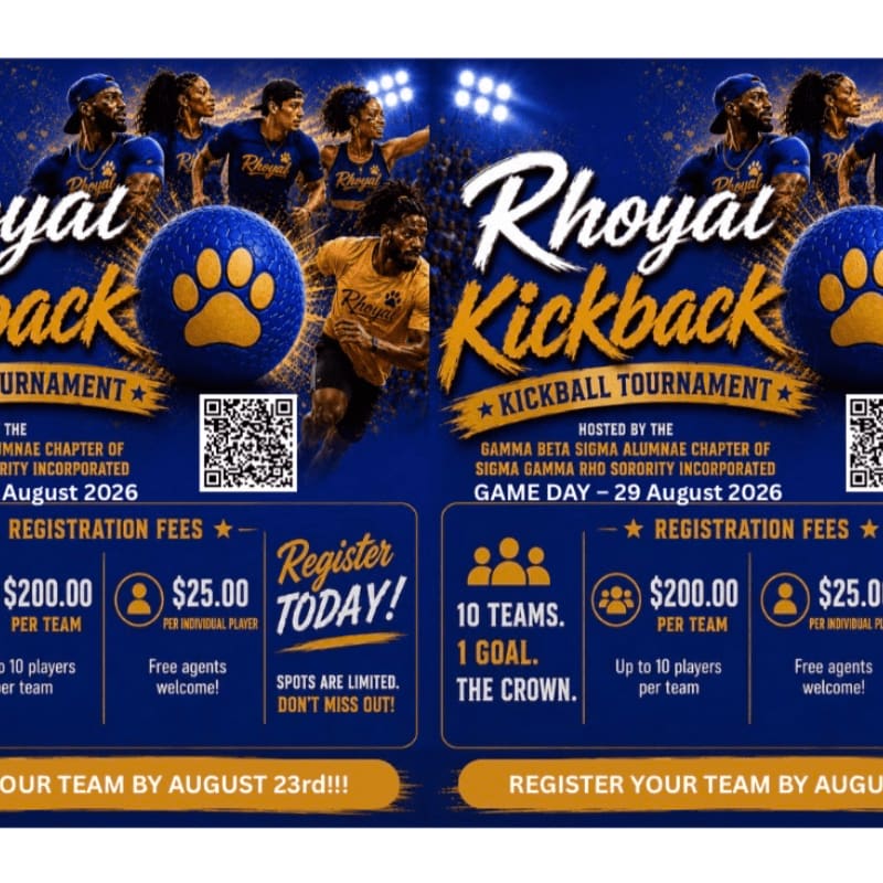 In the foreground, registration details for a kickball tournament are displayed, while the background features a dynamic illustration of athletes playing kickball under bright lights.