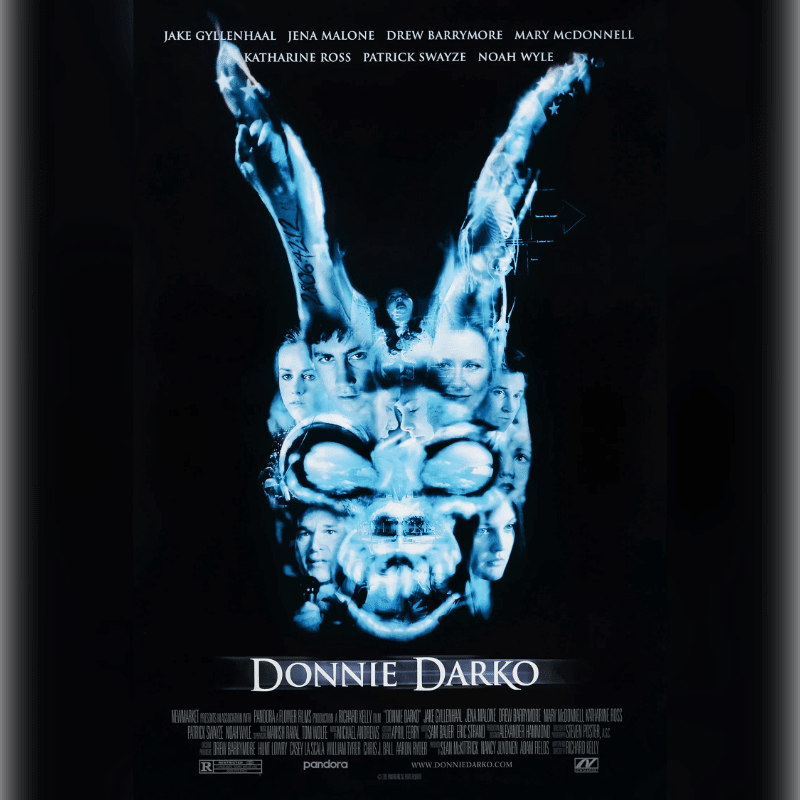Faces are superimposed within a glowing, skeletal rabbit head in the foreground, set against a dark, starry background with movie credits at the top and bottom.