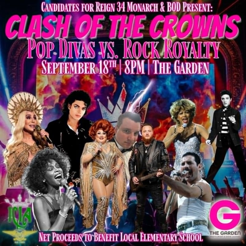 A vibrant poster for "Clash of the Crowns" features iconic pop and rock singers in the foreground against a backdrop of a stage with dramatic lighting.