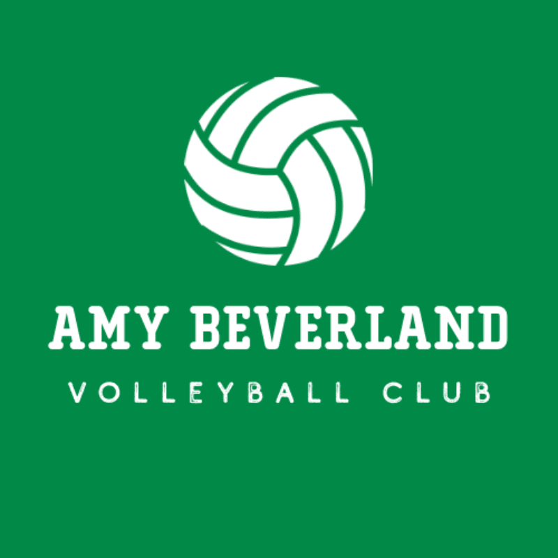 A white volleyball logo with the text "AMY BEVERLAND VOLLEYBALL CLUB" is centered on a solid green background.