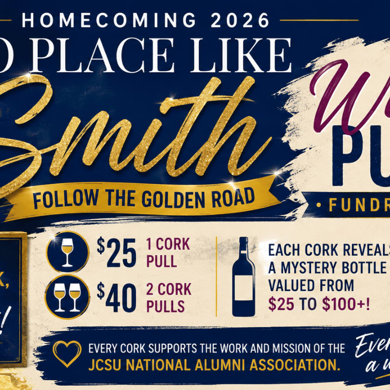 A dark blue banner for "Homecoming 2026" features "Smith" in large gold script in the foreground, with details about a wine pull fundraiser and the JCSU National Alumni Association in the background.