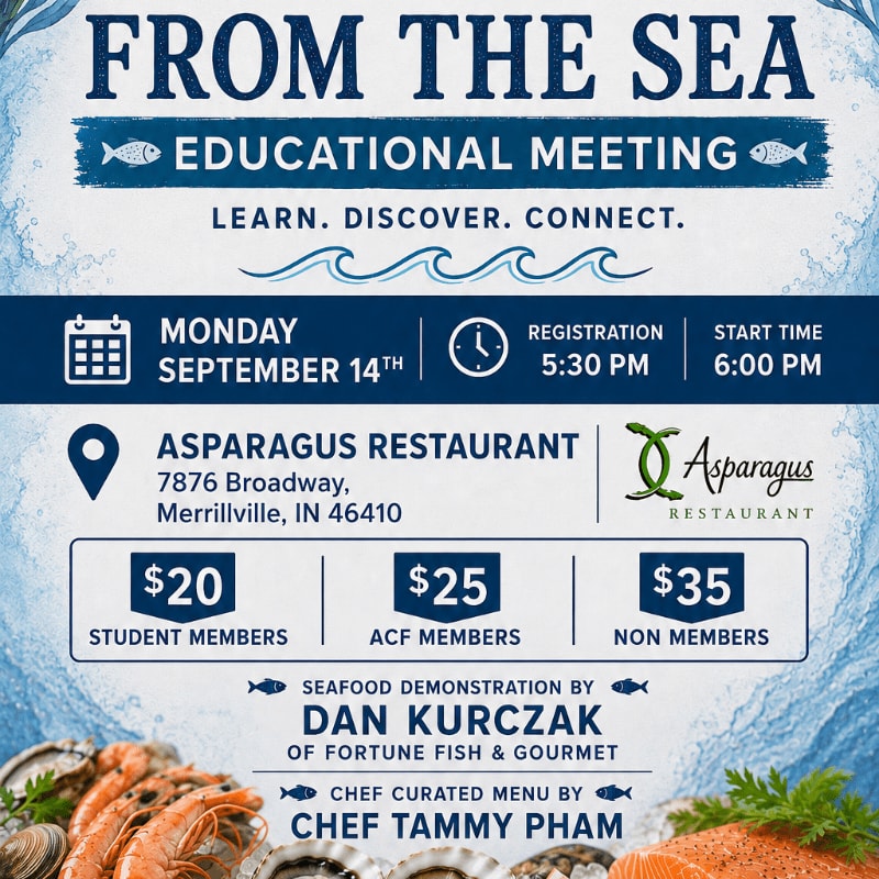 A flyer for an educational meeting titled "From the Sea" is displayed against a background of blue waves, with a foreground featuring images of seafood.