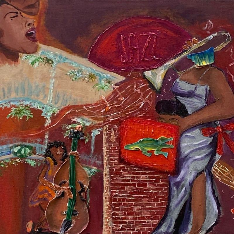 A vibrant collage depicts a jazz singer and musician in the foreground against a backdrop of musical notes and a brick wall.