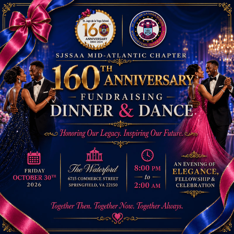 A couple dances in the foreground against a backdrop of elegant event details for a 160th-anniversary fundraising dinner and dance.