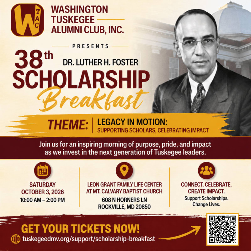 A formal portrait of Dr. Luther H. Foster is featured in the background of a flyer announcing the 38th Scholarship Breakfast presented by the Washington Tuskegee Alumni Club, Inc.