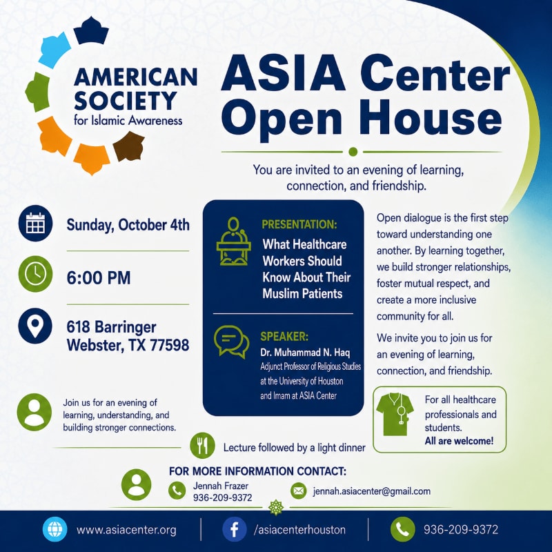 A dark blue flyer with light blue and green accents announces an "ASIA Center Open House" in the background, while the foreground details event information like date, time, location, presentation topic, speaker, and contact information.