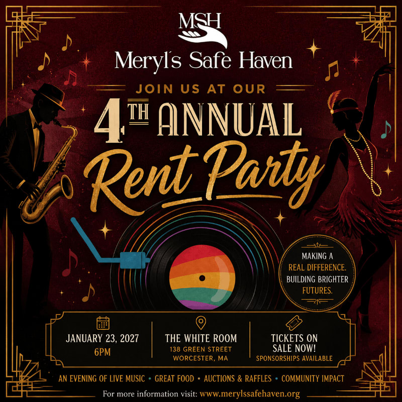 A silhouetted couple dances to a saxophone player in the foreground, while the background features a vintage-style poster advertising Meryl's Safe Haven's 4th Annual Rent Party.