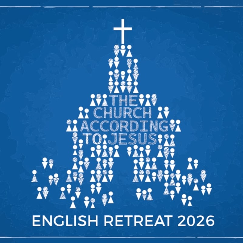 A blueprint-style background features a church silhouette formed by small figures, with the text "THE CHURCH ACCORDING TO JESUS" and "ENGLISH RETREAT 2026" at the bottom.