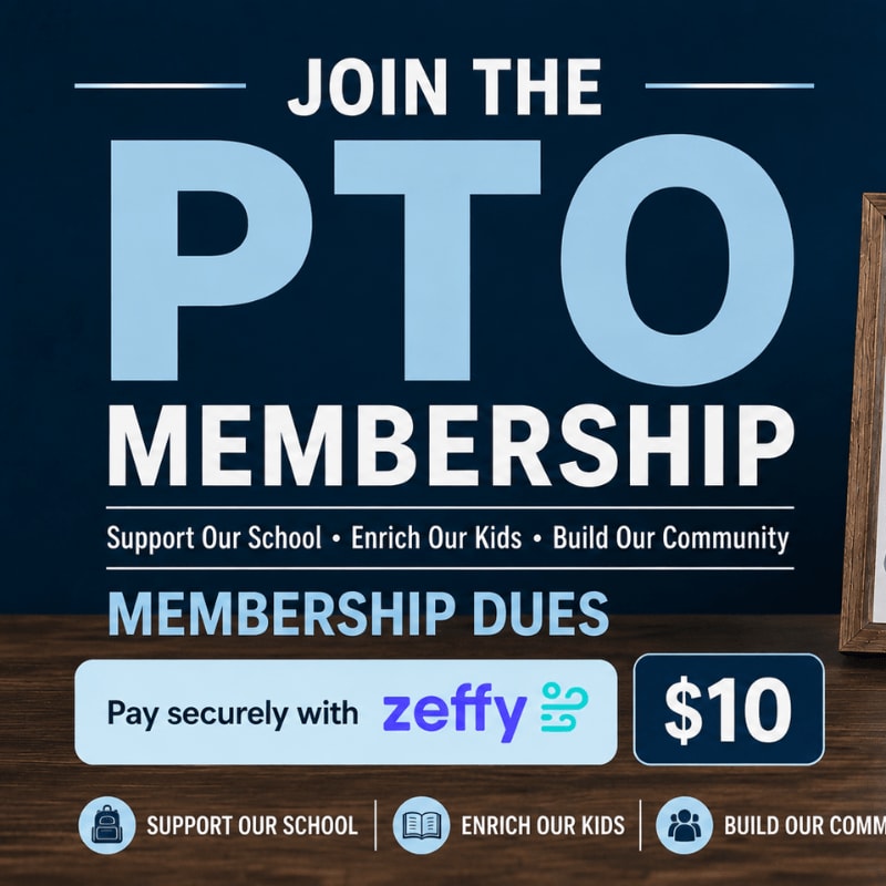 Large blue text on a dark background announces "JOIN THE PTO MEMBERSHIP" with a wooden frame visible on the right, while the foreground displays "MEMBERSHIP DUES" and payment information.