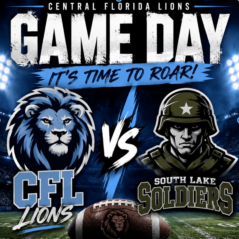 A football game day graphic features the Central Florida Lions logo on the left and the South Lake Soldiers logo on the right, with a football in the foreground and stadium lights in the background.