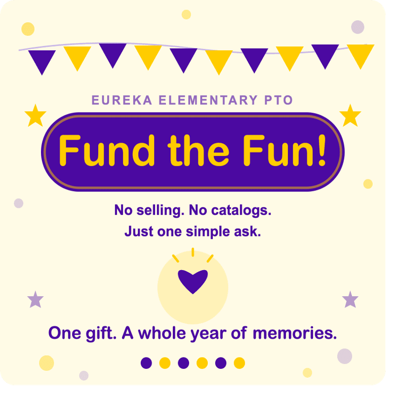 Purple and yellow bunting stretches across the top of a light yellow background with scattered stars and dots, framing the bold text "Fund the Fun!" in the center.
