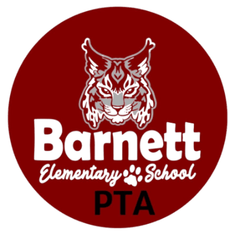 A stylized bobcat head is centered above the words "Barnett Elementary School PTA" on a maroon circular background.