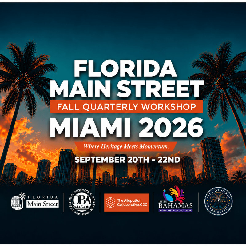 Palm trees frame a city skyline at sunset, advertising the Florida Main Street Fall Quarterly Workshop in Miami 2026.